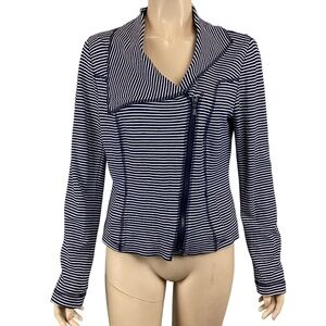 W By Worth Jersey Navy‎ Blue White Striped Moto Jacket Size 8 Zip Front Collar